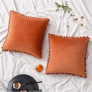 16x16 2 Velvet Pom Pom Pillow Covers Burnt Orange